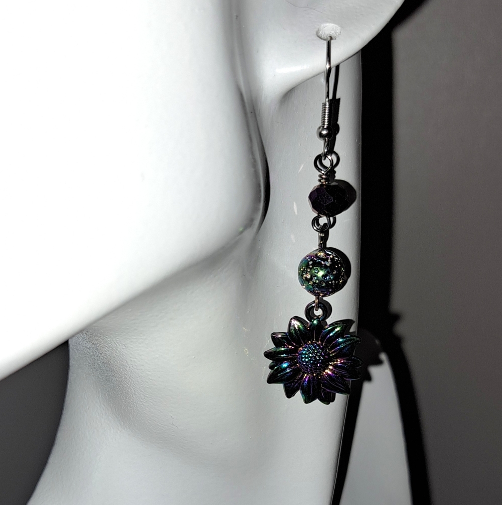 Rainbow Titanium Lava Bead & Sunflower Charm, Crystal Beaded Dangle Earrings